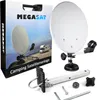 A product shot of a Megasat camping satellite dish system, with its packaging in the background. Produktbild-Vorschau