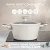 A white pot with a glass lid is shown on a black induction cooktop. Text overlays highlight features and compatibility. Náhled obrázku produktu