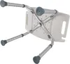 The underside of a white shower stool with adjustable aluminum legs and gray rubber feet, shown against a white background. Produktbild-Vorschau