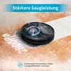 A robot vacuum cleaner is shown on a floor, cleaning up dirt. Text overlays highlight its features. Produktbild-Vorschau