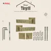 A marketing image showcasing a door handle set with accompanying hardware, presented against a neutral background with graphic elements. Produktbild-Vorschau