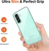 A hand holding a transparent phone case with a Samsung phone inside. There are icons and text describing the features of the case. Produktbild-Vorschau