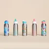 Five stainless steel water bottles with colorful designs and caps are lined up against a light beige background. Produktbild-Vorschau