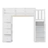 A white loft bed with drawers on one side and shelves on the other, shown against a white background. Produktbild-Vorschau