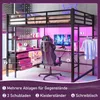 A loft bed with a desk and gaming chair setup, illuminated by pink LED lights. Náhled obrázku produktu