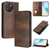 A collage of images showing a brown leather flip phone case from different angles, including the interior with card slots and a phone screen. Produktbild-Vorschau