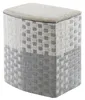A laundry basket with a woven gray and white pattern and a fabric lid, shown against a white background. Produktbild-Vorschau