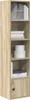 A tall, narrow bookshelf with several shelves and a cabinet at the bottom, filled with various items. Náhled obrázku produktu