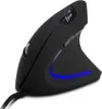 A black vertical mouse with blue LED lighting is shown against a white background. Produktbild-Vorschau