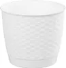 A white round planter with a woven texture and a matching saucer, isolated on a white background. Podgląd zdjęcia produktu