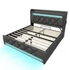 A modern upholstered bed frame with integrated LED lighting in the headboard and base, set against a white background. Produktbild-Vorschau