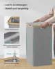 A person's hands are shown interacting with a grey laundry basket with a wooden rim. The image also includes close-up shots highlighting features of the basket. Produktbild-Vorschau