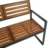 A close-up, angled view of a modern outdoor bench with a metal frame and wooden slats. Produktbild-Vorschau