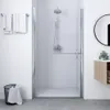 A modern bathroom with a shower enclosure, towels, and a trash can. Produktbild-Vorschau