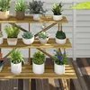 A multi-tiered wooden plant stand filled with various potted plants, displayed outdoors on a wooden deck. Produktbild-Vorschau