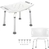 A white shower stool with adjustable legs and a separate backrest and leg pieces shown below. Produktbild-Vorschau