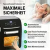 A woman relaxing while an air fryer is shown with its features highlighted. Produktbild-Vorschau