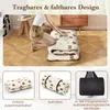 A person is folding a mattress with a bear pattern, and there are three smaller images showing how to fold, roll, and store the mattress in a bag. Produktbild-Vorschau