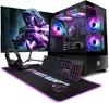 A gaming PC setup including a monitor, computer tower, keyboard, mouse, and headphones, displayed with vibrant RGB lighting. Produktbild-Vorschau