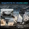 A rugged smartphone is shown in various outdoor environments, highlighting its durability features. Produktbild-Vorschau