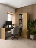 A modern home office setup with a desk, chair, computer, and bookshelf. Produktbild-Vorschau