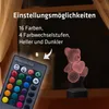 A 3D LED teddy bear lamp with a heart, next to a remote control, with text describing its features. Produktbild-Vorschau
