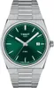 A close-up studio shot of a Tissot PRX watch with a green dial and a stainless steel bracelet. Podgląd zdjęcia produktu