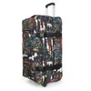 A black rolling suitcase with a colorful, abstract art print and black straps. Produktbild-Vorschau
