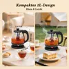 A collage showing a glass electric kettle with tea and flowers, with dimensions labeled on one side and a pastry on the other. Produktbild-Vorschau