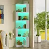 A white corner bookshelf with LED lighting is filled with books and decorative items, placed next to a window with a view of greenery. Voir les images du produit