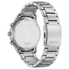 The back of a silver Citizen Eco-Drive chronograph men's watch with a metal band is shown against a white background. Podgląd zdjęcia produktu