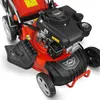 Close-up view of a red and black gasoline-powered lawnmower. Produktbild-Vorschau