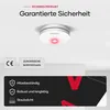 A smoke detector mounted on a ceiling, with marketing text and icons below. Produktbild-Vorschau