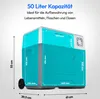 A diagram of a mobile electric cooler box with dimensions and capacity information. Produktbild-Vorschau