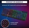 A gaming keyboard with RGB lighting is shown with marketing text overlayed. Produktbild-Vorschau