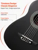 A close-up of a black acoustic guitar with marketing text highlighting its features. Podgląd zdjęcia produktu