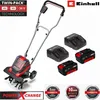 A product image showcasing a cordless tiller along with its batteries and chargers, presented with marketing text and logos. Produktbild-Vorschau