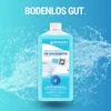 A bottle of cleaning concentrate is shown with water splashes around it, against a blue gradient background. Text is overlaid on the image. Produktbild-Vorschau