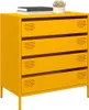 A yellow dresser with four drawers is shown against a white background. A book and a small potted plant are on top of the dresser.