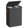 A dark gray laundry basket with two compartments, a lid, and brown handles is shown against a white background. Podgląd zdjęcia produktu