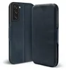A dark blue flip case for a smartphone is shown from two angles against a white background. Produktbild-Vorschau