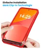 Hands assembling a red phone case around a smartphone. Produktbild-Vorschau