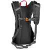 The back view of a black backpack with gray straps and a red loop. Produktbild-Vorschau