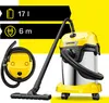 A Kärcher wet/dry vacuum cleaner is shown with its accessories against a yellow and black background. Text overlays indicate product specifications. Náhled obrázku produktu