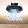 A robot vacuum cleaner is shown from underneath, hovering over a textured surface, with blue light beams emanating from its cleaning mechanism, indicating suction power. The number '19,000 Pa' is prominently displayed in large white font on the surface. Produktbild-Vorschau