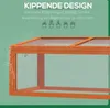A close-up of a wooden greenhouse with a clear polycarbonate roof, with water droplets on the glass and frame. Text overlays describe its features. Produktbild-Vorschau