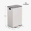A white dual-compartment trash can with gray lids and pedals, shown with dimensions indicated. Náhľad obrázku produktu