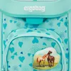 Close-up of a teal backpack with a heart pattern and a patch of two horses. Náhľad obrázku produktu