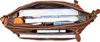 An overhead view of an open brown leather handbag filled with books, a power bank, and other items. Produktbild-Vorschau