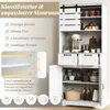A white kitchen cabinet with various compartments and shelves, featuring product features and descriptions. Podgląd zdjęcia produktu